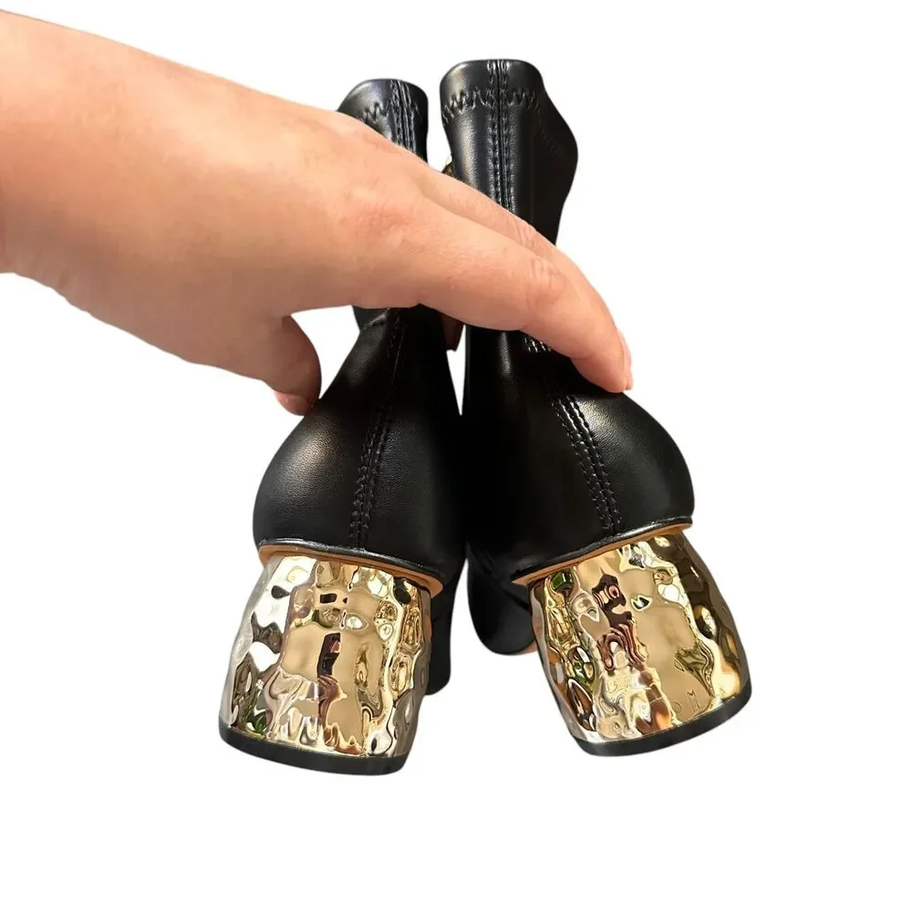 CHICO'S Faux Leather Gold Statement‎ Bootie Black NWOB Sz7